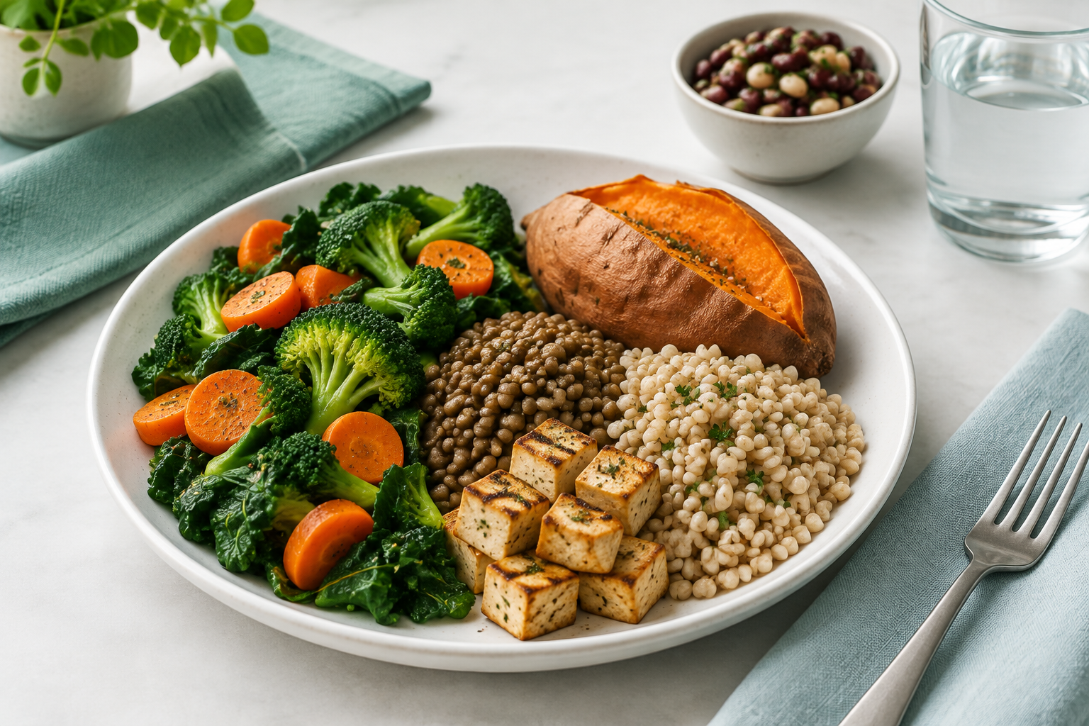 Balanced high-fiber meal with cooked vegetables, lentils, barley, and sweet potato