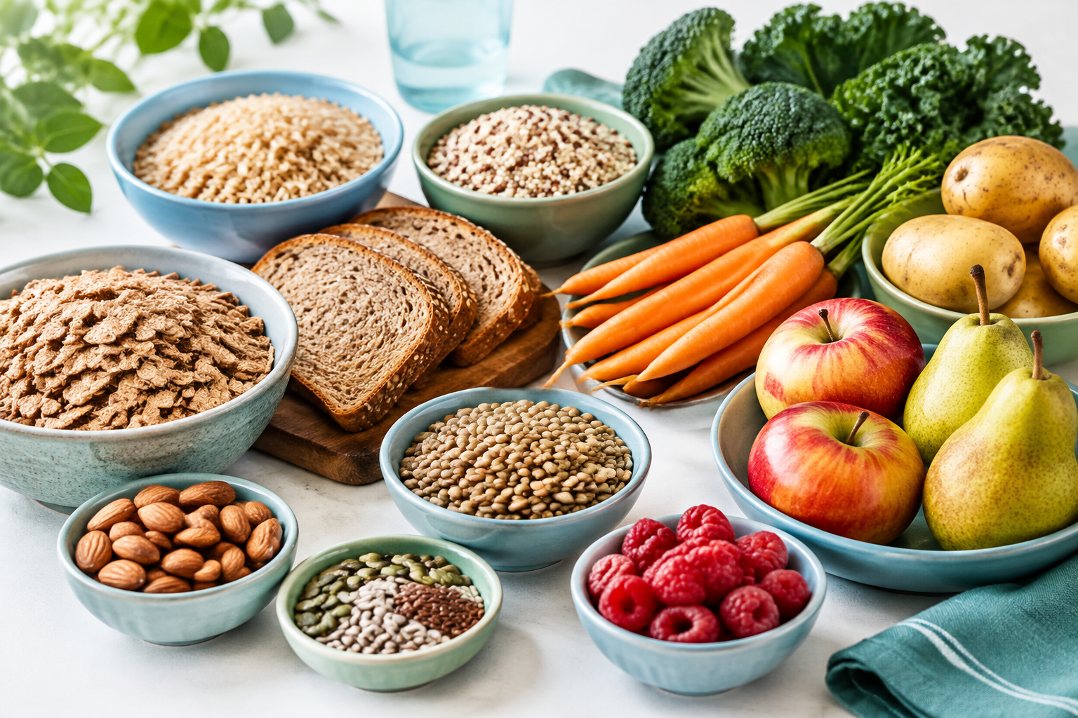 High-fiber insoluble fiber foods including wheat bran, whole grains, vegetables, fruit skins, and seeds