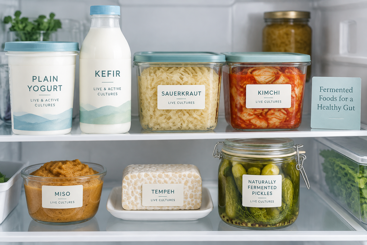 Live-culture fermented foods including yogurt, kefir, kimchi, sauerkraut, miso, and tempeh