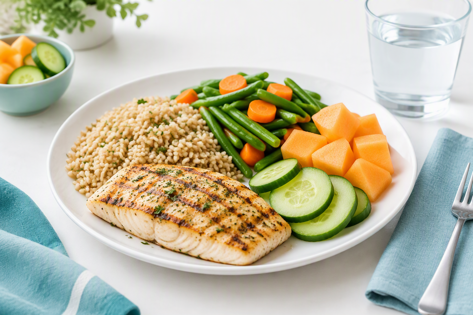 Reflux-friendly meal with lean protein, brown rice, vegetables, fruit, and still water