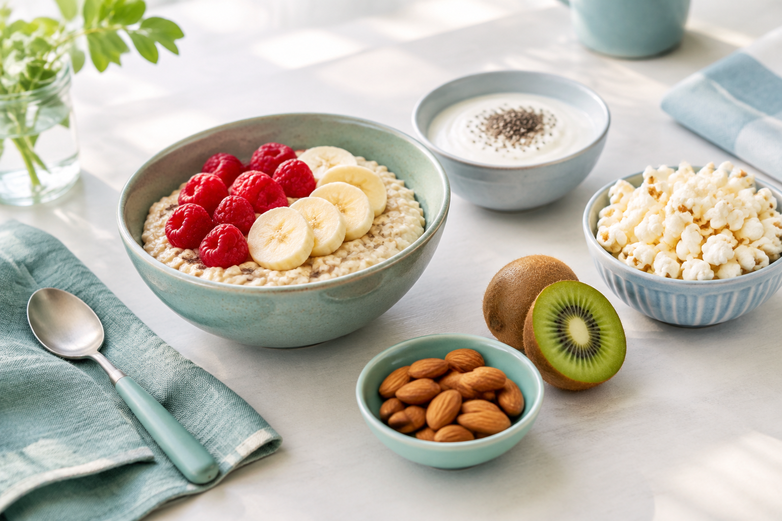 High-fiber breakfast with oatmeal, berries, banana, chia, yogurt, and nuts