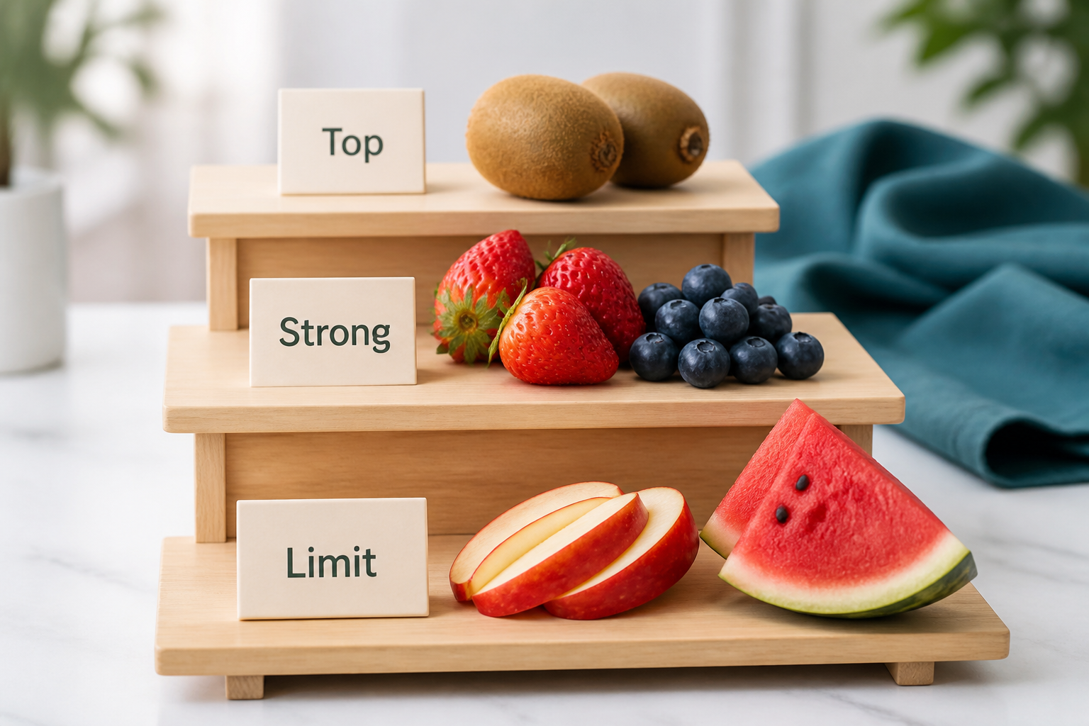 Tiered display ranking fruits for IBS with kiwifruit on top, berries next, apple and watermelon limited