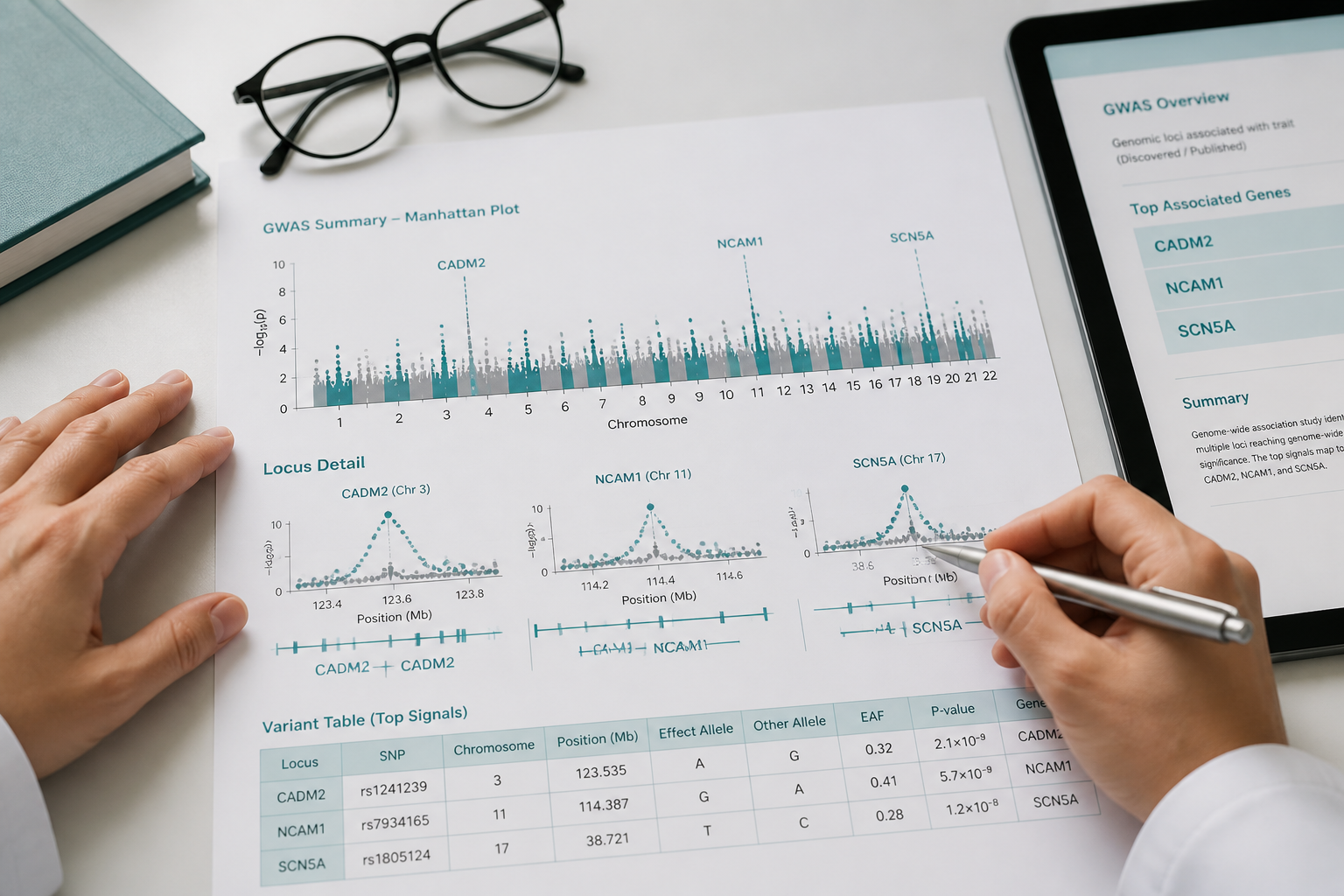 Research charts and gene markers CADM2 NCAM1 SCN5A showing key IBS genetic studies