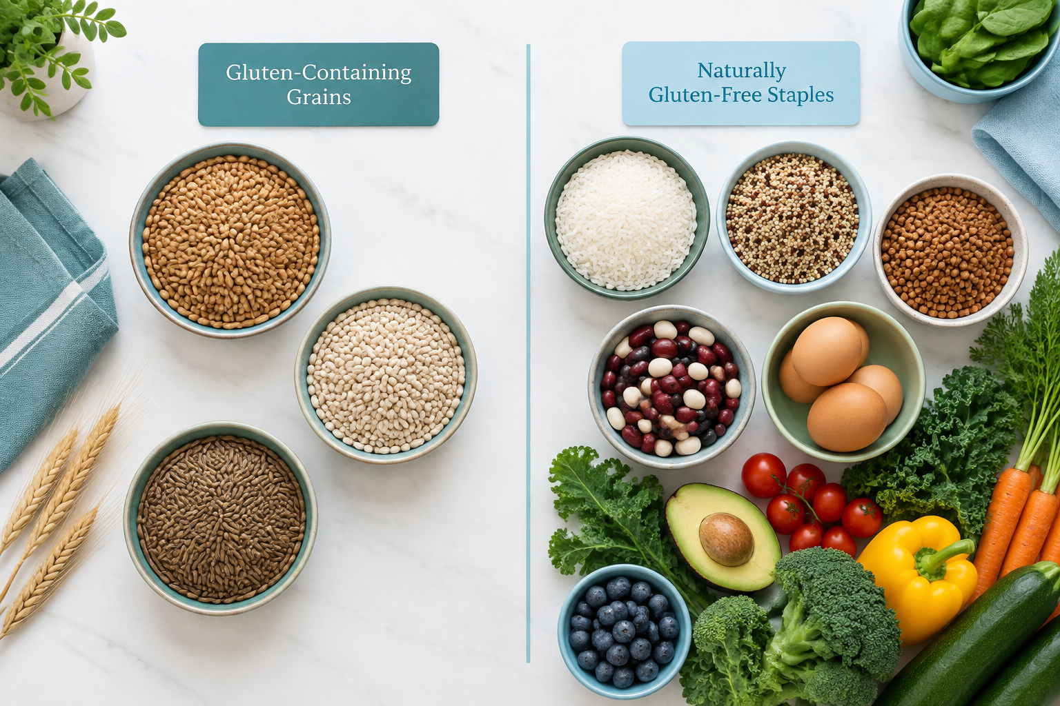 Gluten-containing wheat, barley, and rye beside gluten-free rice, quinoa, beans, and produce