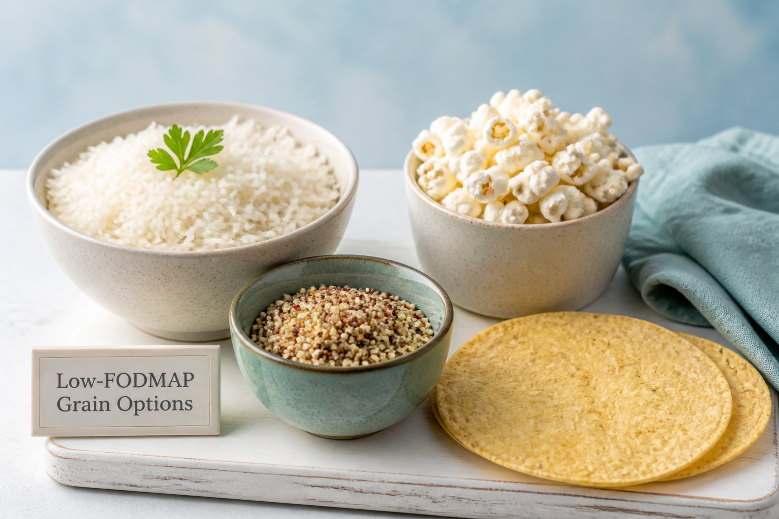 Low-FODMAP grain options: basmati rice, quinoa, popcorn, corn tortilla for IBS