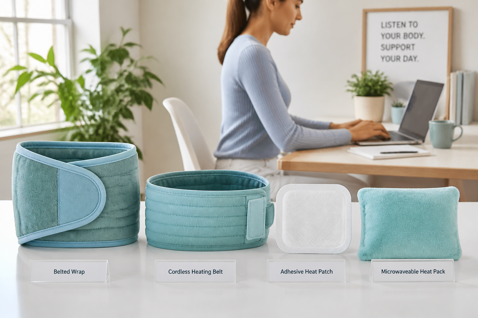 Belted wrap, cordless belt, adhesive patch, and heat pack for IBS cramps