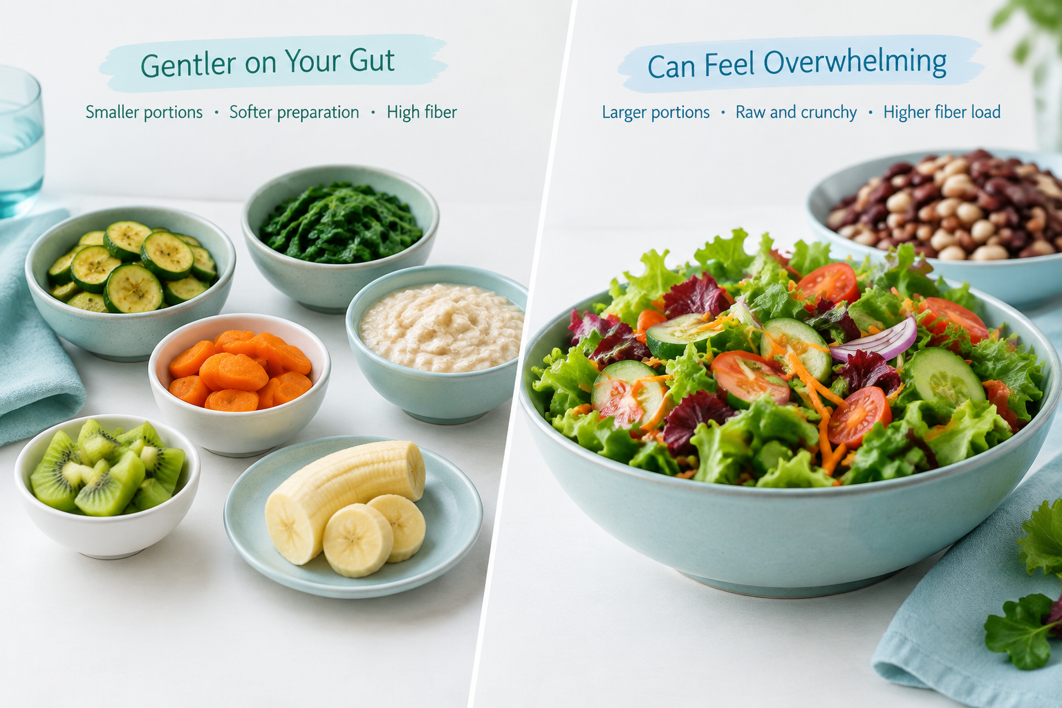 Gentle high-fiber foods including oats, kiwi, firm banana, and cooked vegetables