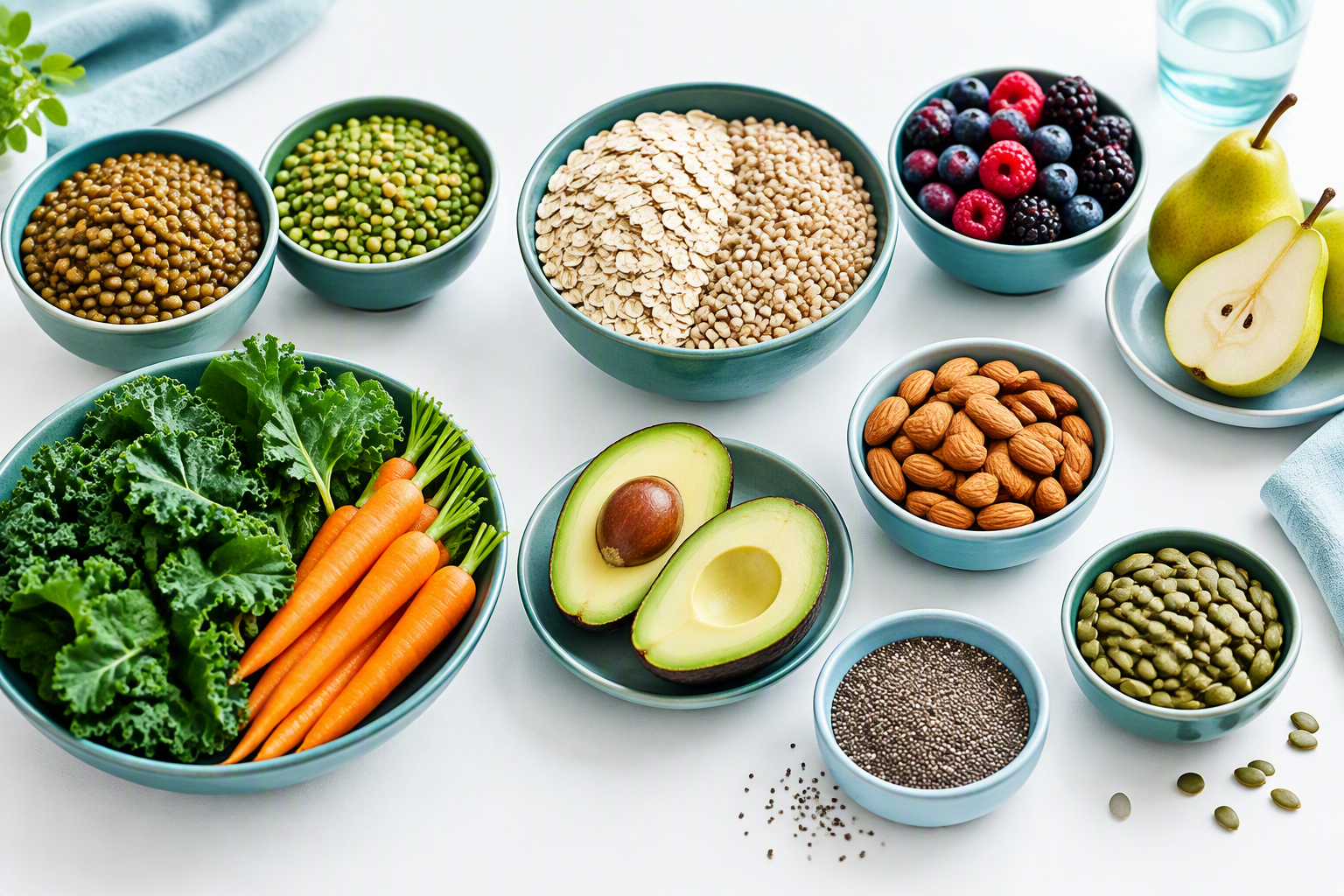 High-fiber foods including legumes, fruits, vegetables, whole grains, nuts, and seeds
