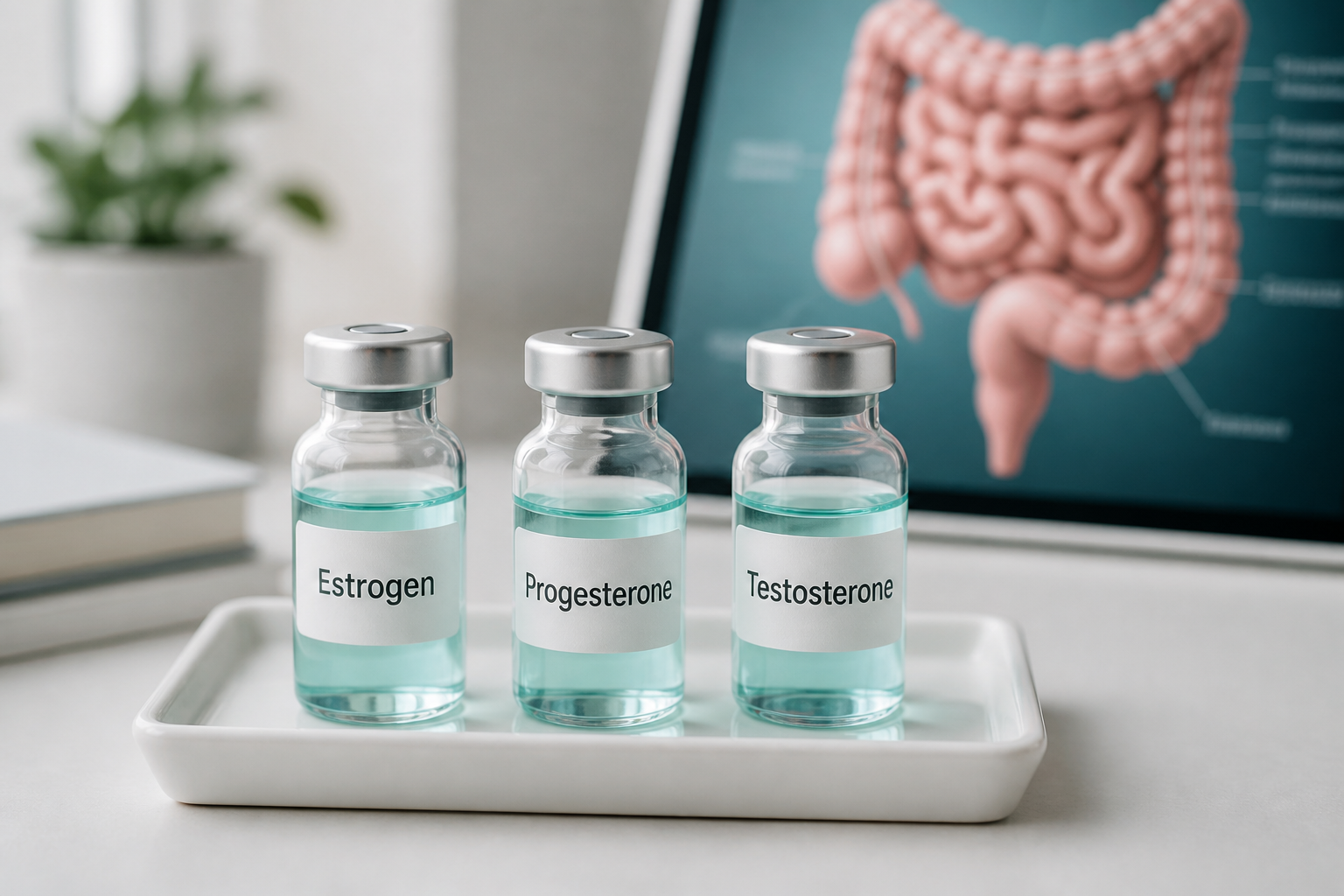 Vials labeled Estrogen Progesterone Testosterone illustrating hormones linked to IBS