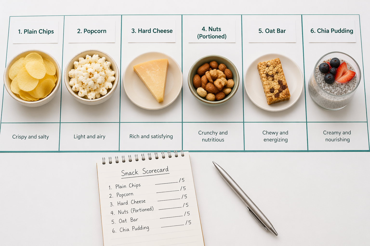 Comparison flatlay of top IBS snacks like chips, popcorn, cheese, nuts, oat bar, chia pudding
