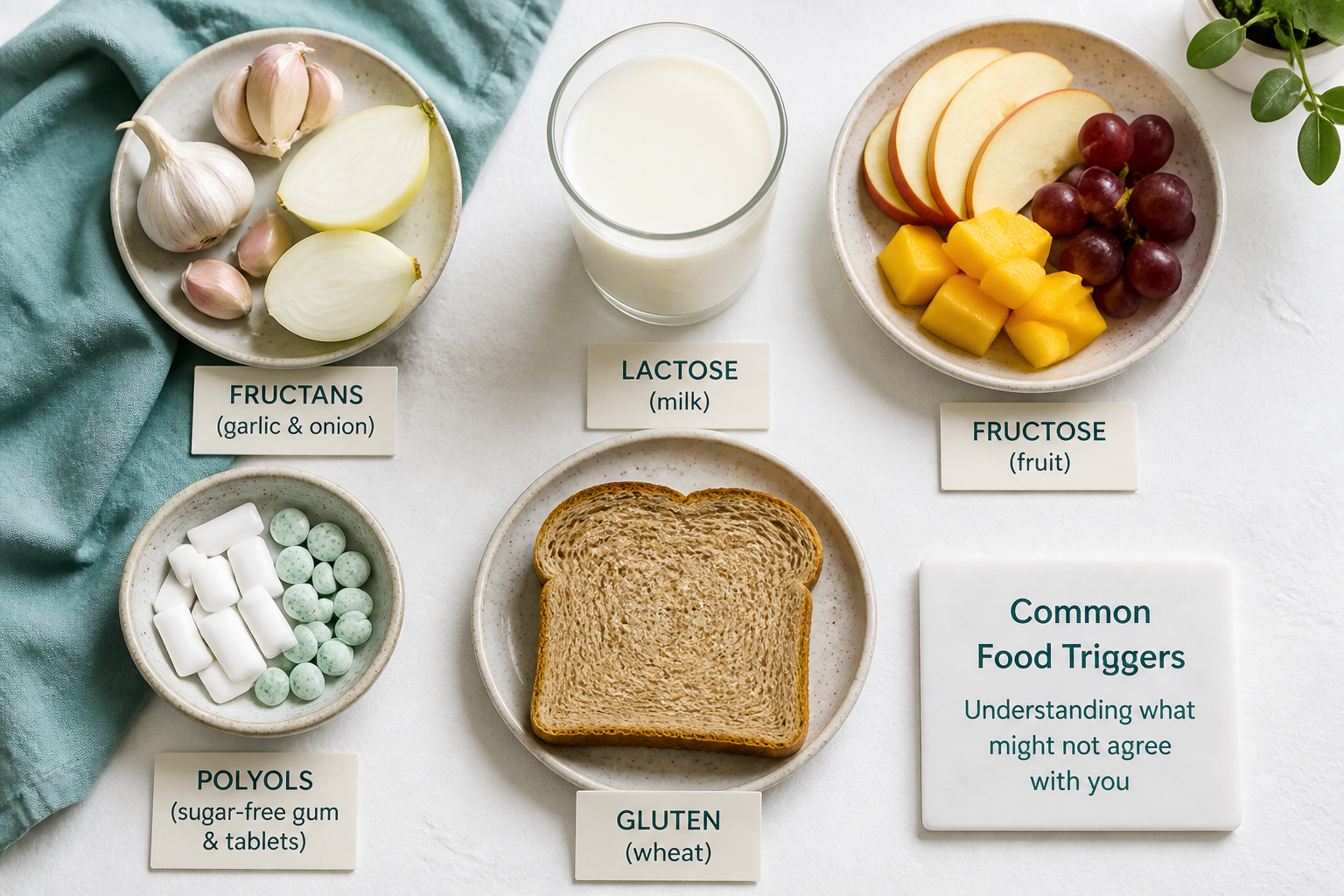 Flatlay of common IBS trigger foods: milk, fruit, garlic, wheat, sugar-free gum
