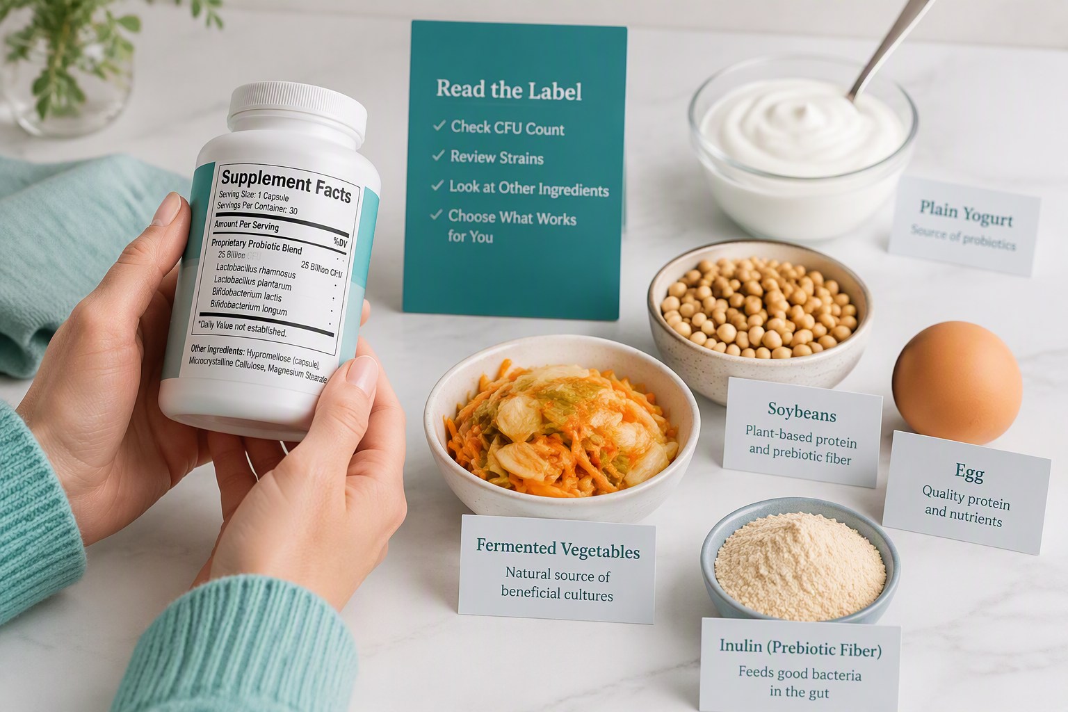 Probiotic ingredient label with dairy, soy, egg, fermented foods, and added prebiotic fiber