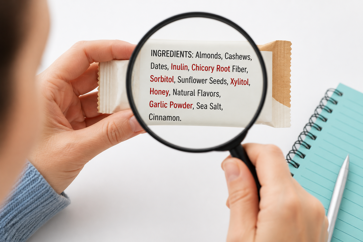 Close-up of ingredient label highlighting inulin, chicory root, sorbitol and other FODMAP triggers