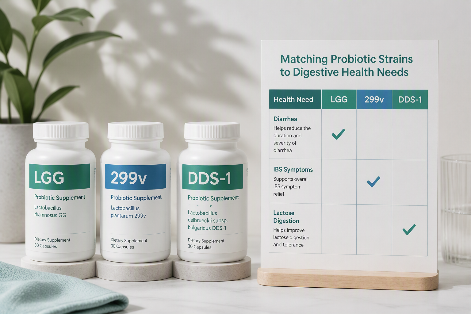 Comparing Lactobacillus strains LGG, 299v, and DDS-1 by health goal
