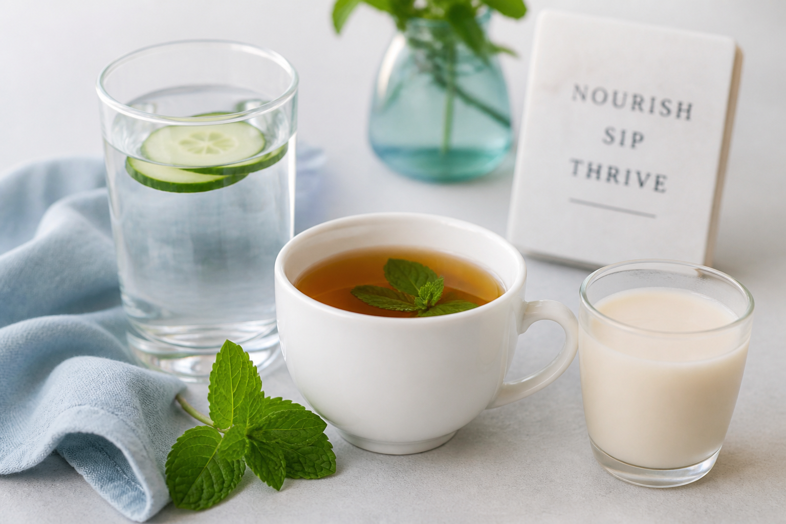 Still water, peppermint tea, and unsweetened almond milk for low-FODMAP drinks