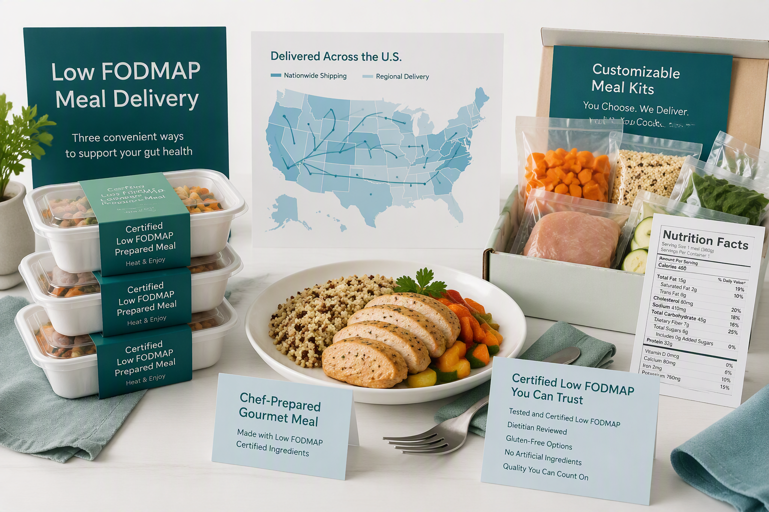 Low FODMAP meal delivery services compared by certification, shipping, and meal format