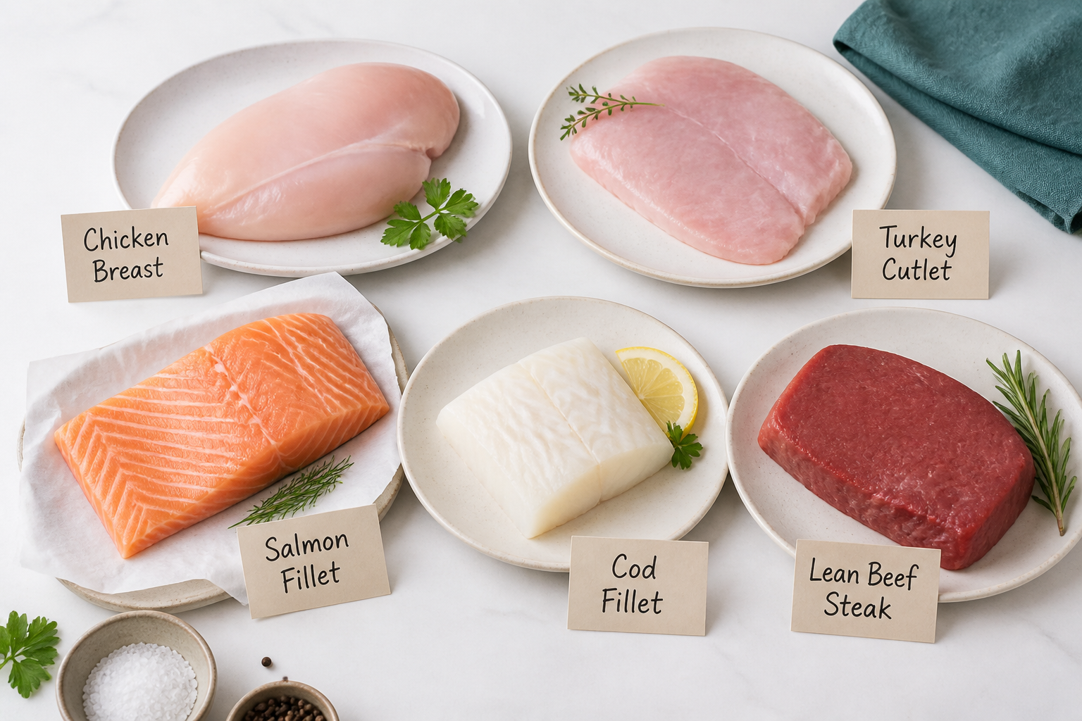 Selection of lean meats for IBS: chicken, turkey, salmon, cod, lean beef