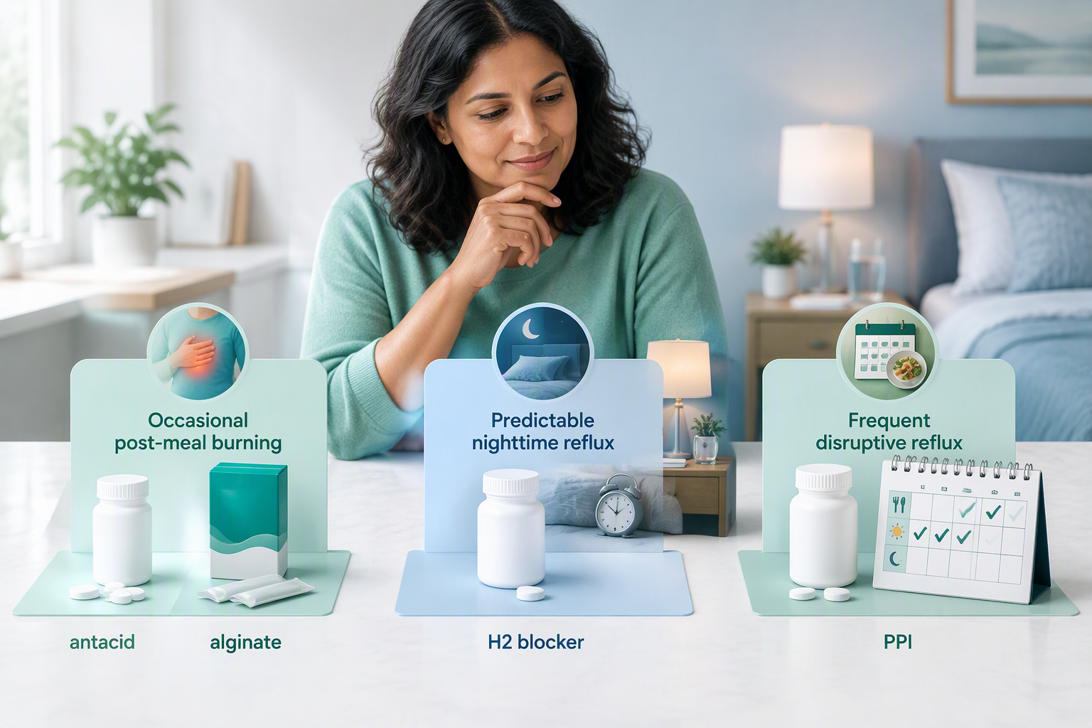 Choosing acid reflux medication based on symptom timing, frequency, and severity