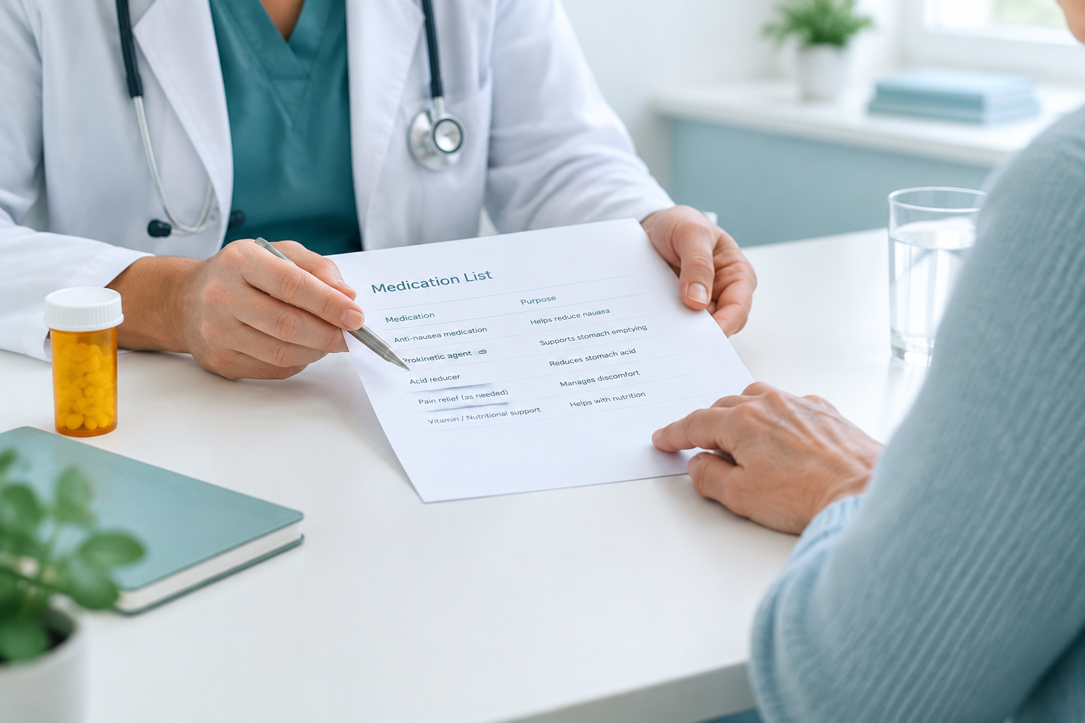Clinician and patient reviewing medicines for gastroparesis and delayed stomach emptying