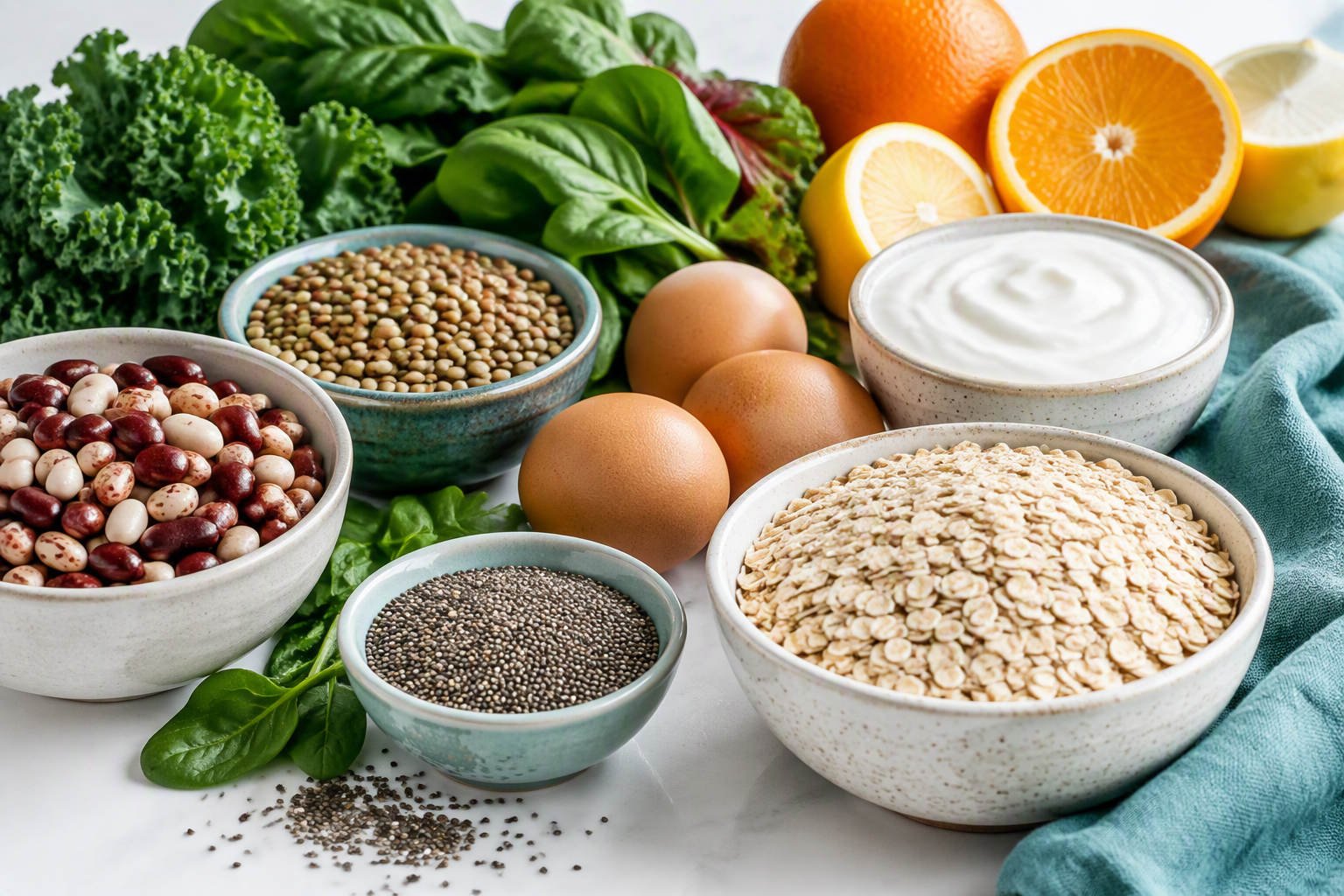 Beans, leafy greens, eggs, yogurt, and oats provide nutrients in a gluten-free diet
