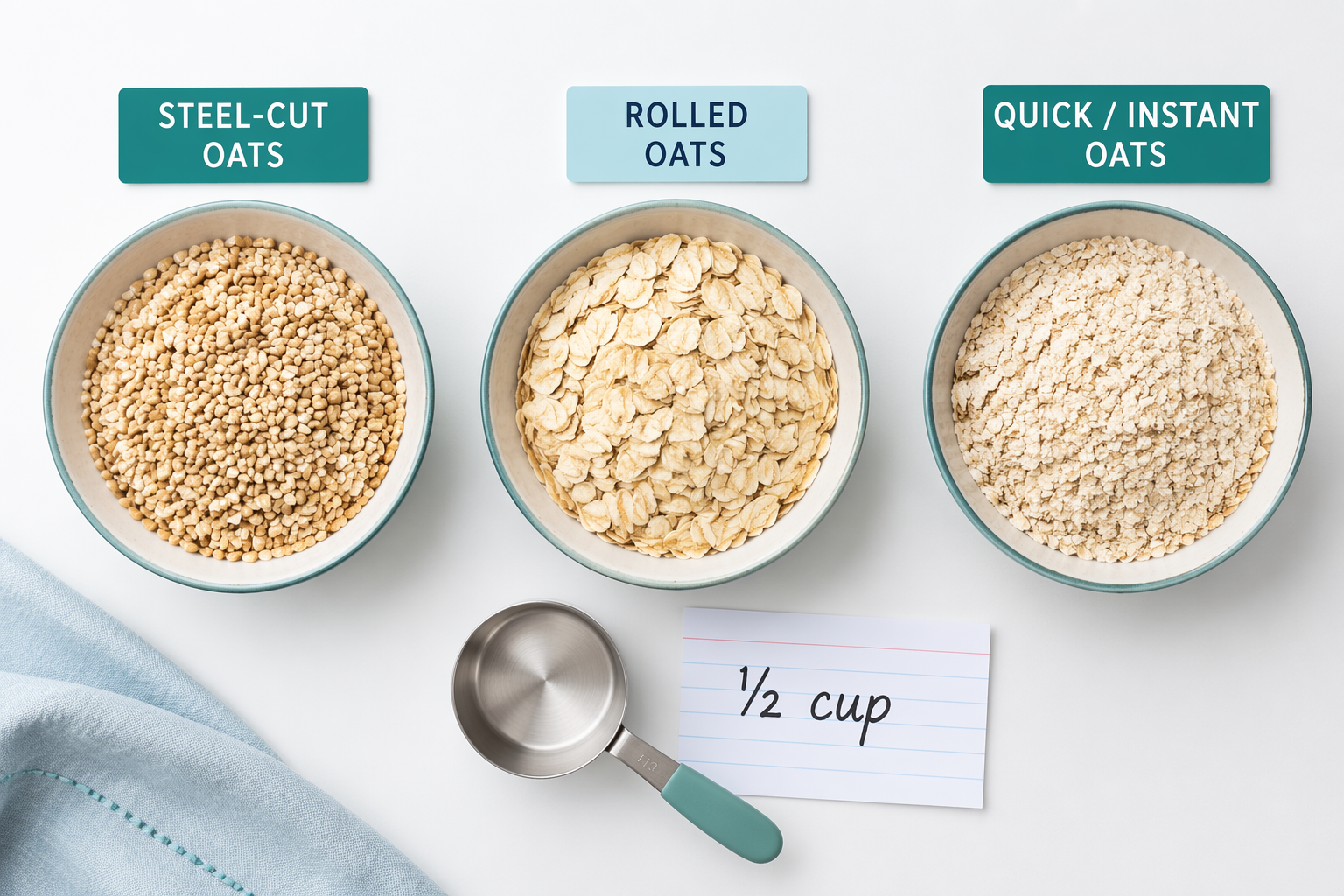 Flat-lay of steel-cut, rolled, and instant oats with portion note for low-FODMAP testing