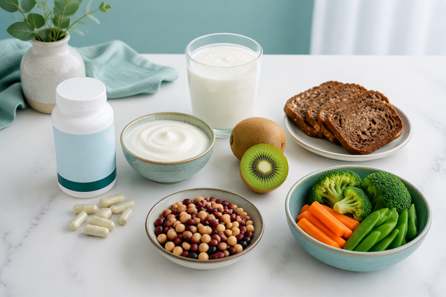 Probiotic, kefir, yogurt, kiwifruit, and fiber foods for constipation