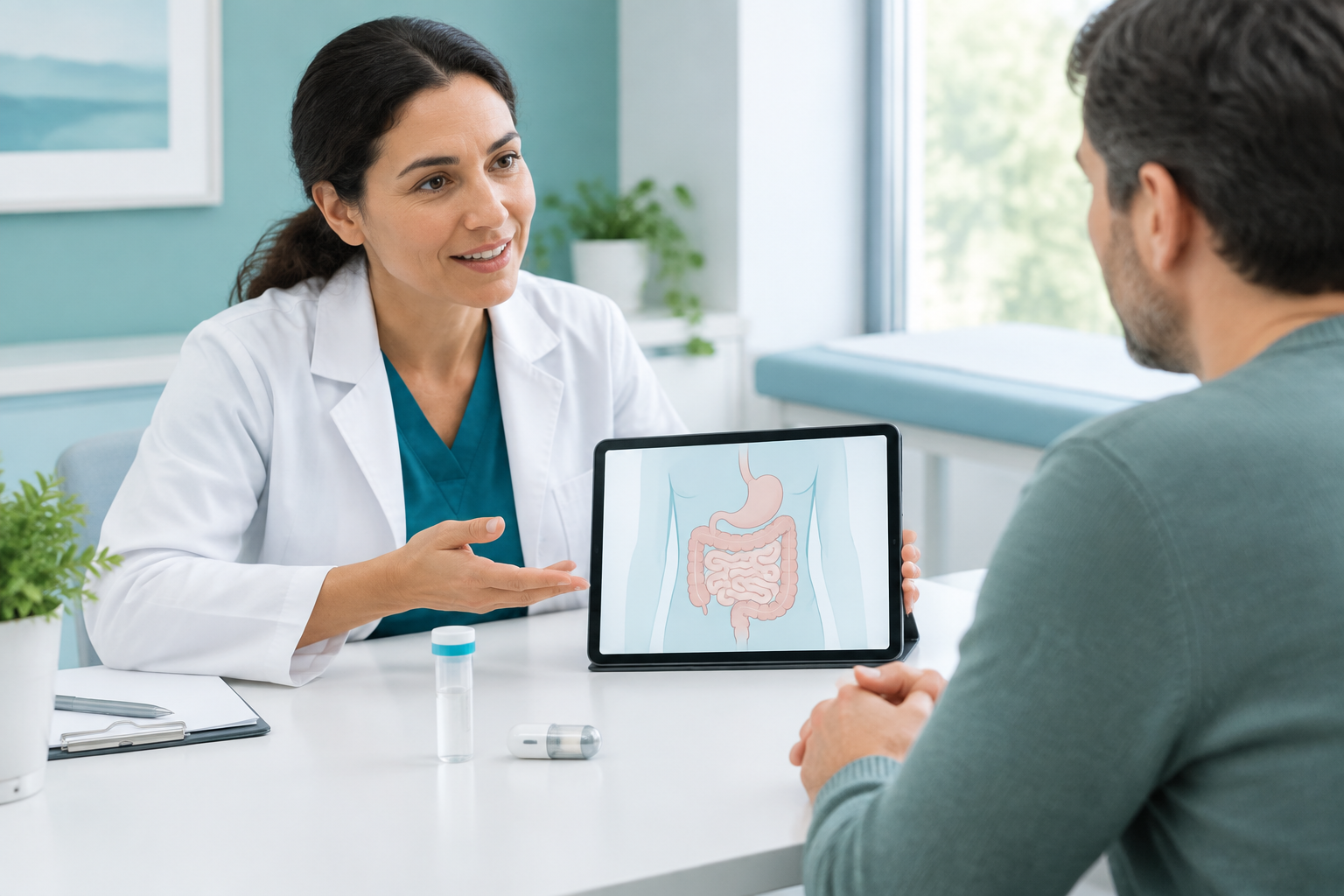 Clinician explaining breath testing and a wireless motility capsule as gastroparesis test alternatives
