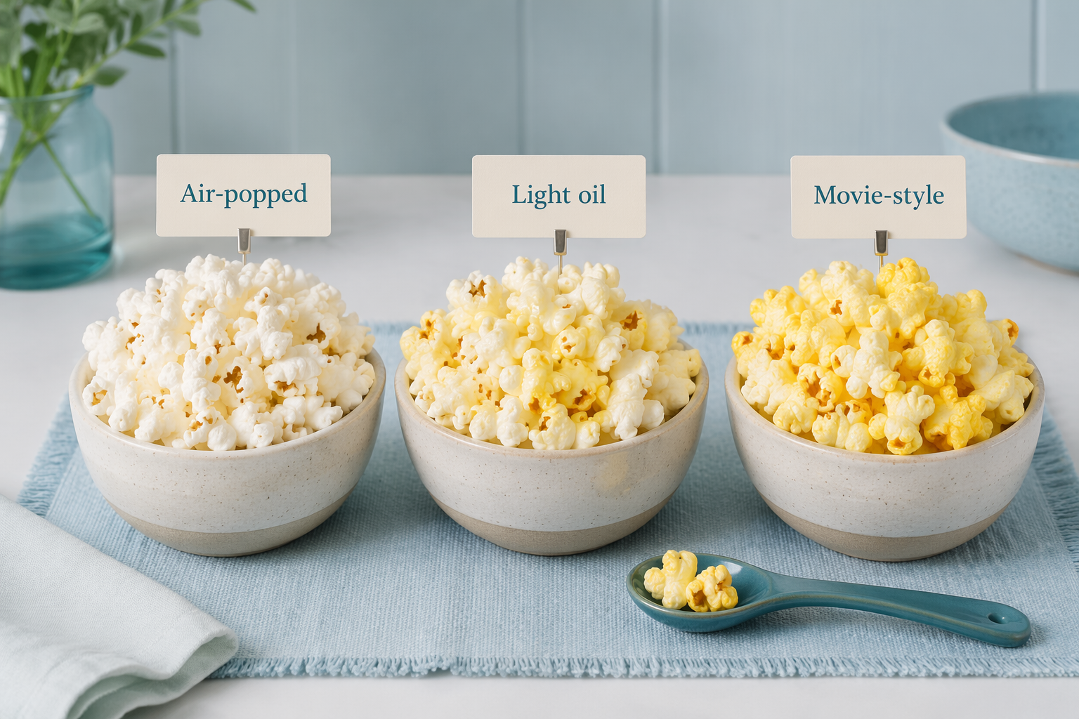 Three bowls showing air-popped, light-oil, and buttered popcorn to compare IBS risk