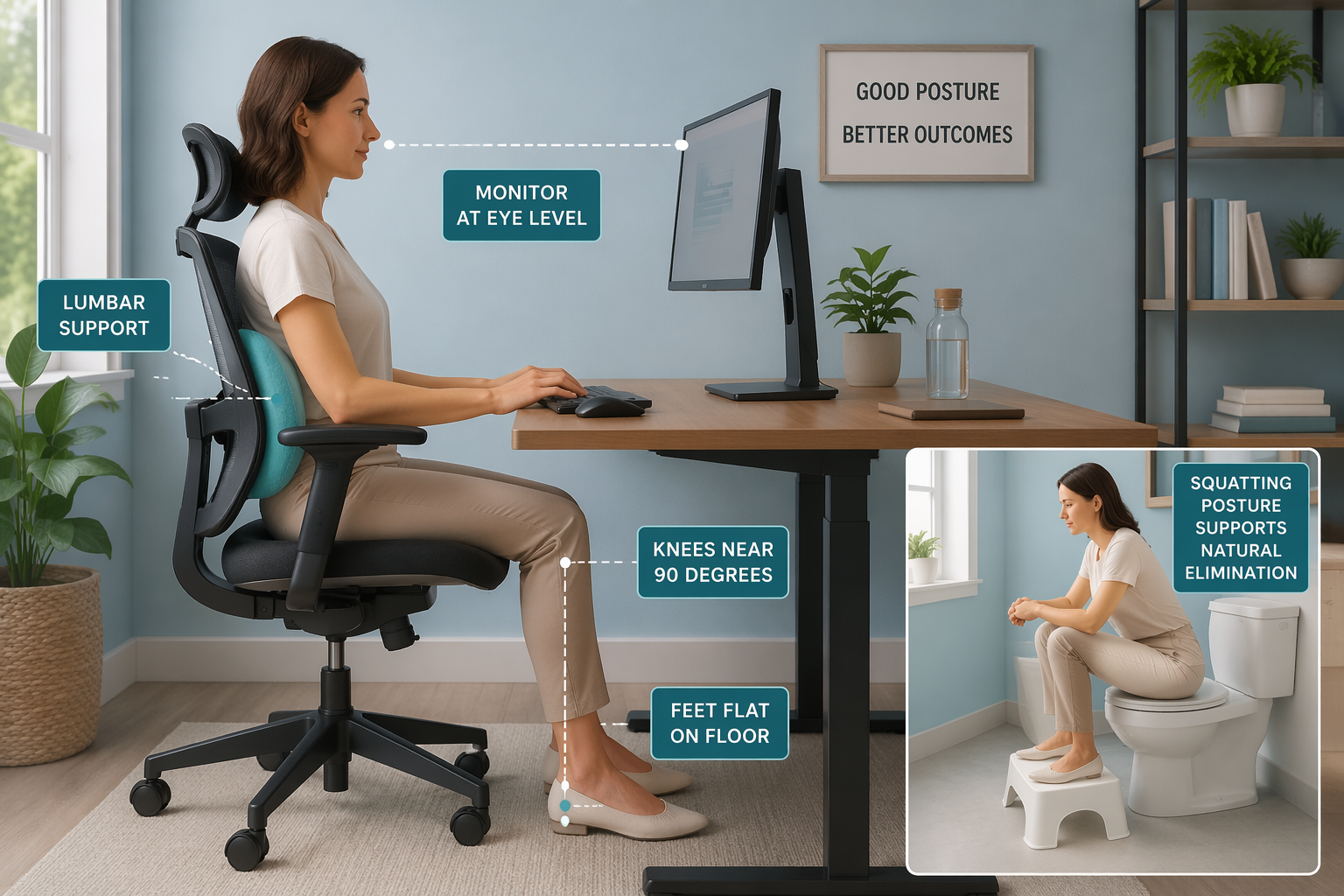Neutral desk posture and toilet footstool demonstrating squatting-style position for digestion