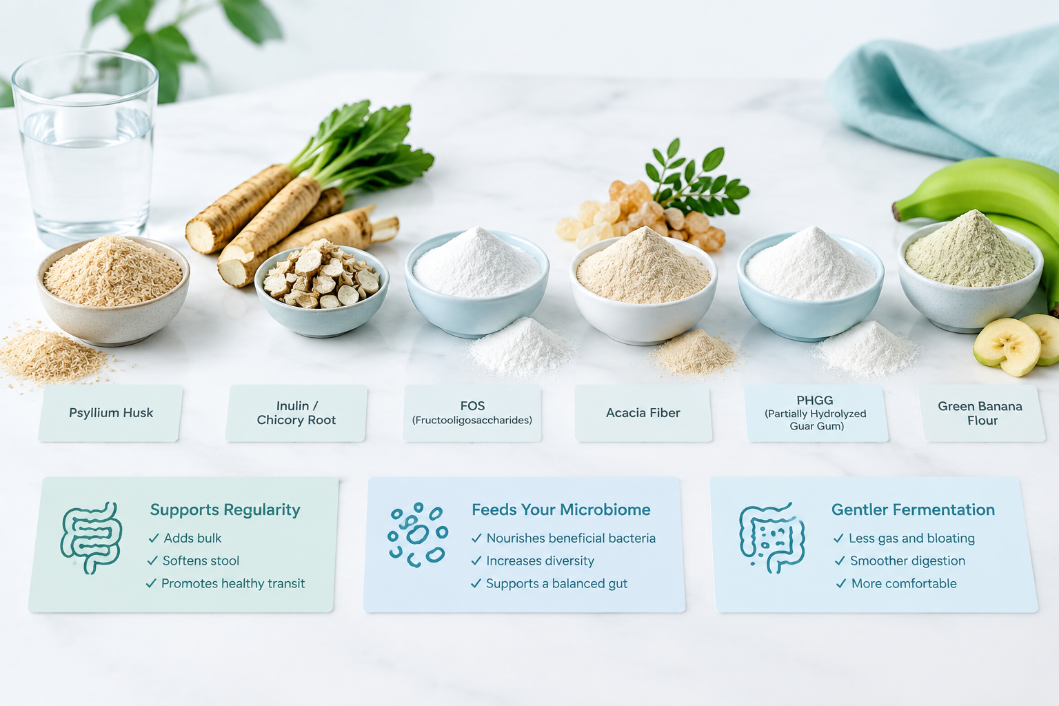 Psyllium, inulin, acacia fiber, and PHGG comparison for IBS goals