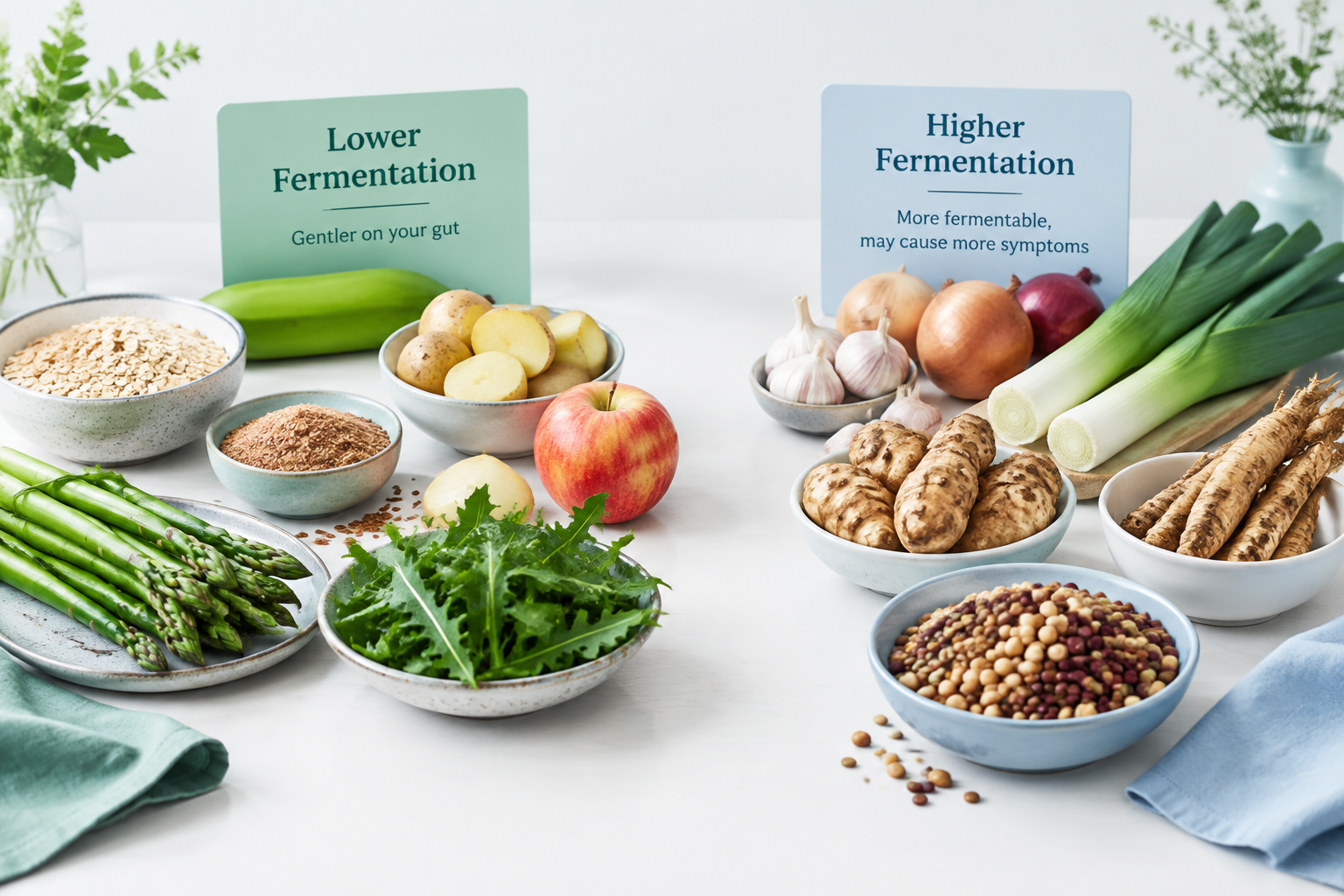 Lower- and higher-fermentation prebiotic foods for sensitive stomachs and IBS