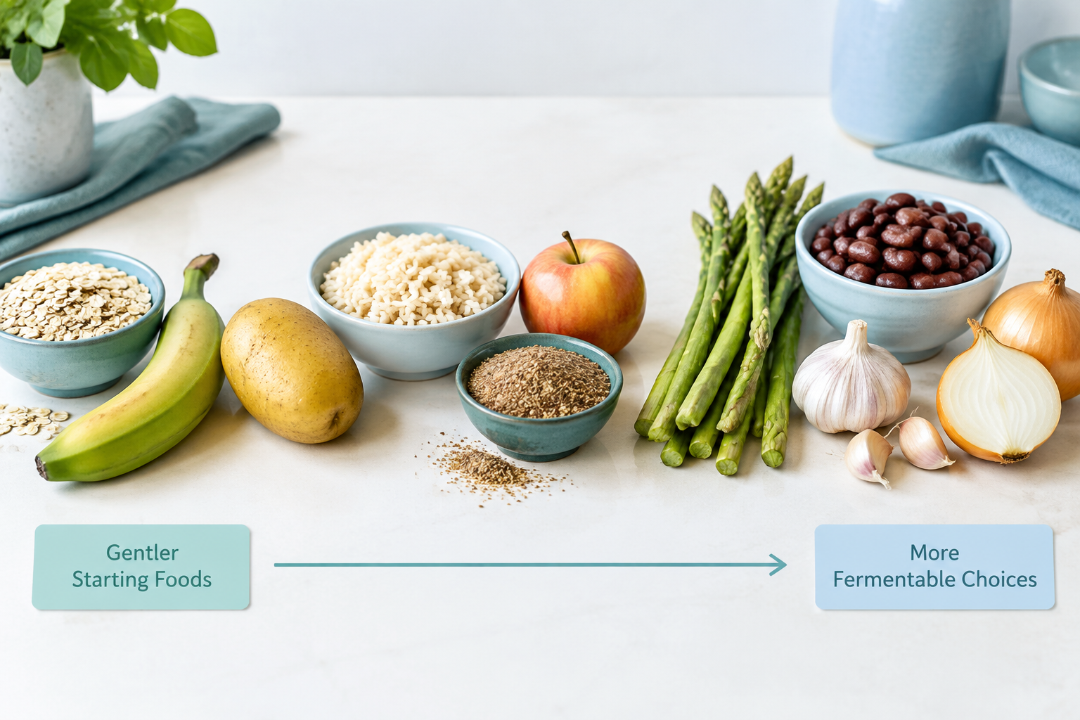 Prebiotic foods for IBS, including oats, bananas, potatoes, beans, and onions
