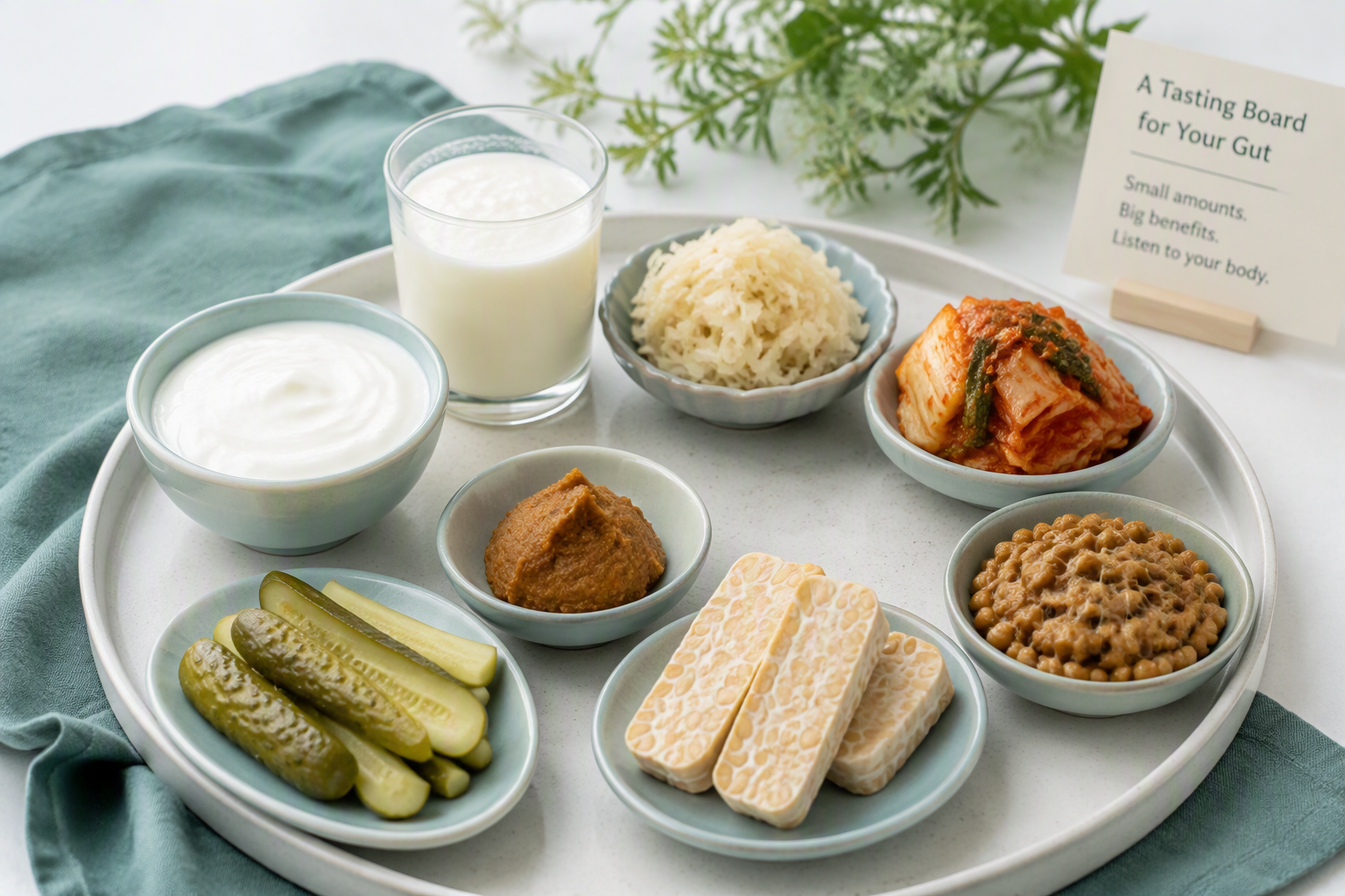 Small portions of yogurt, kefir, kimchi, sauerkraut, and pickles as probiotic foods