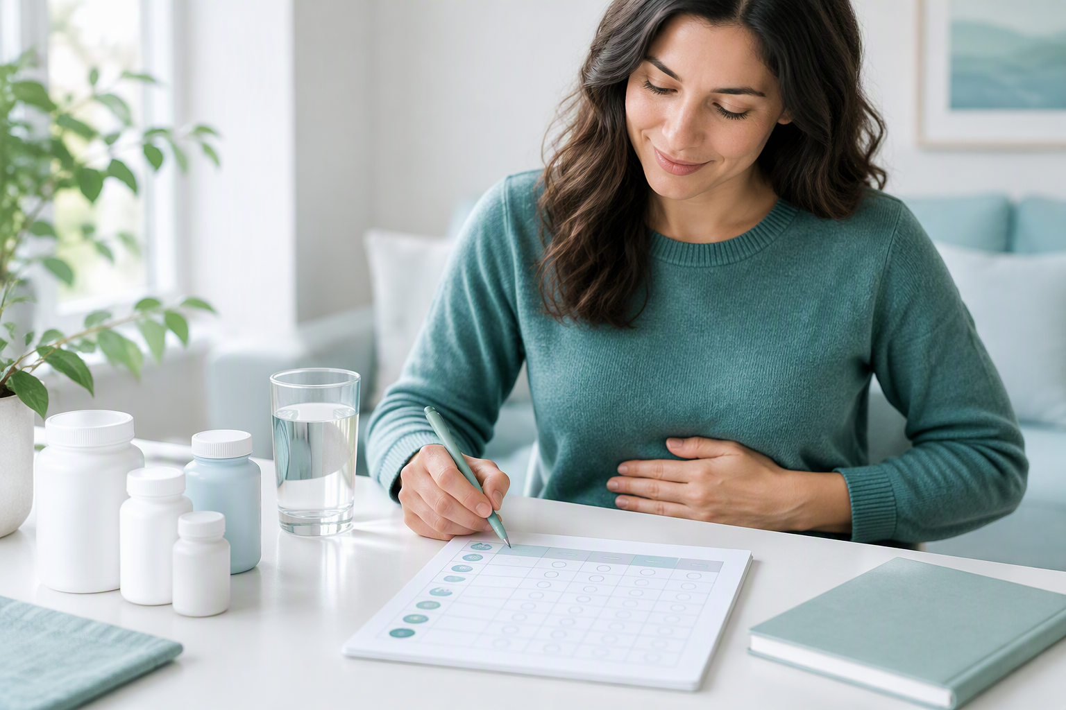 Adult comparing probiotics for IBS symptoms with a symptom tracker and unbranded supplements