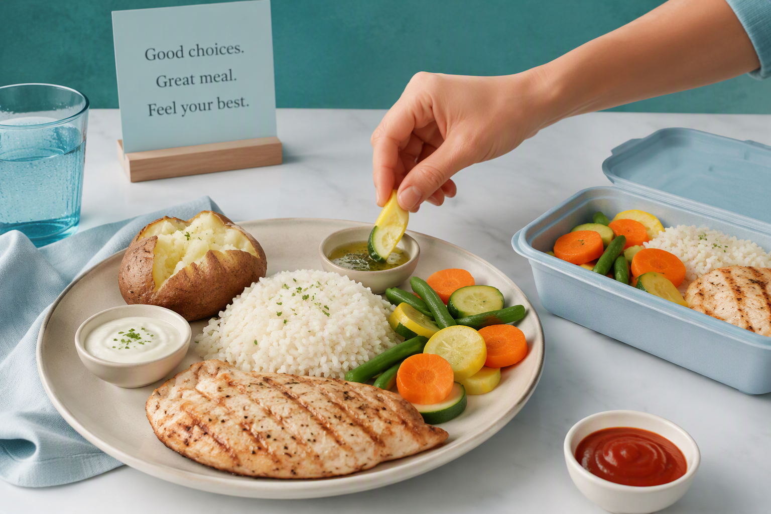 IBS-friendly restaurant meal with grilled protein, rice, vegetables, and sauces on the side