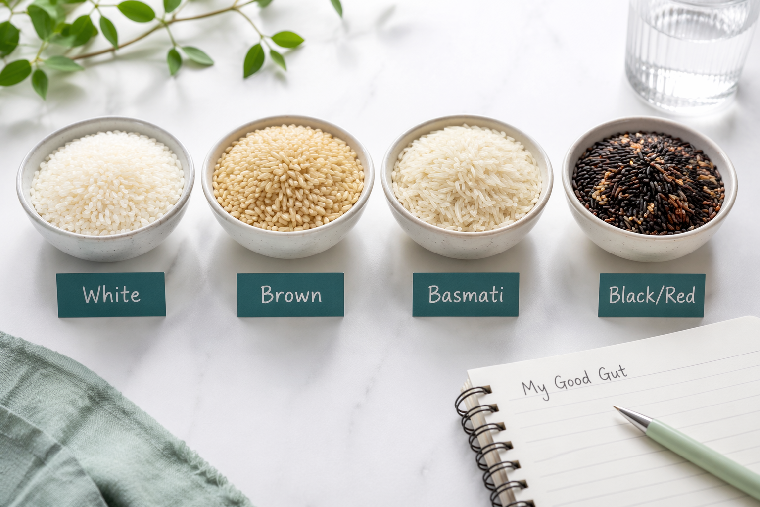 Four bowls showing white, brown, basmati, and black/red rice types for IBS