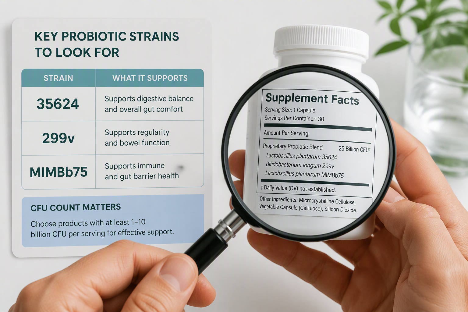 Reading probiotic labels for strain codes 35624, 299v, and MIMBb75
