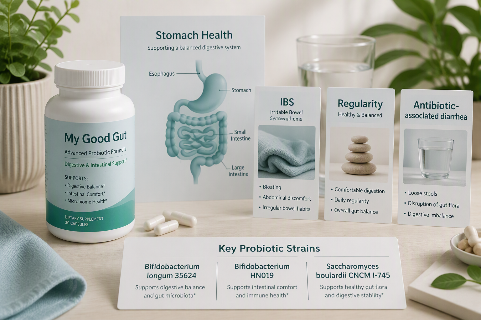 Probiotic strains matched with IBS, regularity, and antibiotic-associated diarrhea goals