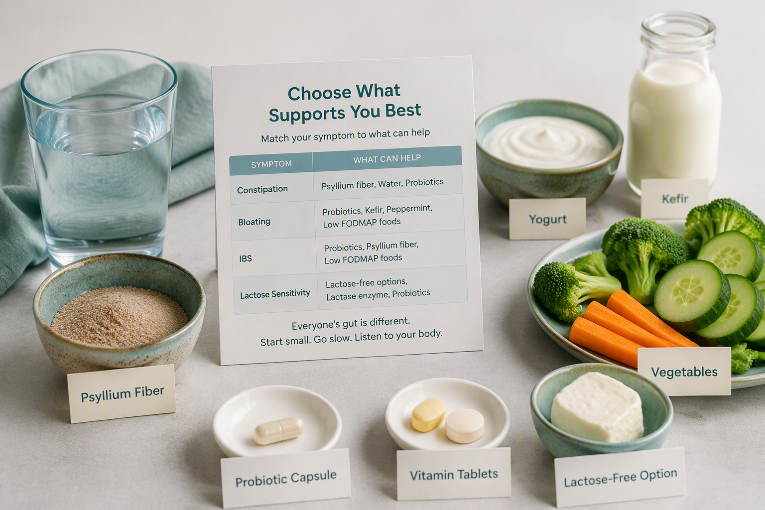 Digestive health supplements chosen by goal, including psyllium, probiotics, and vitamins