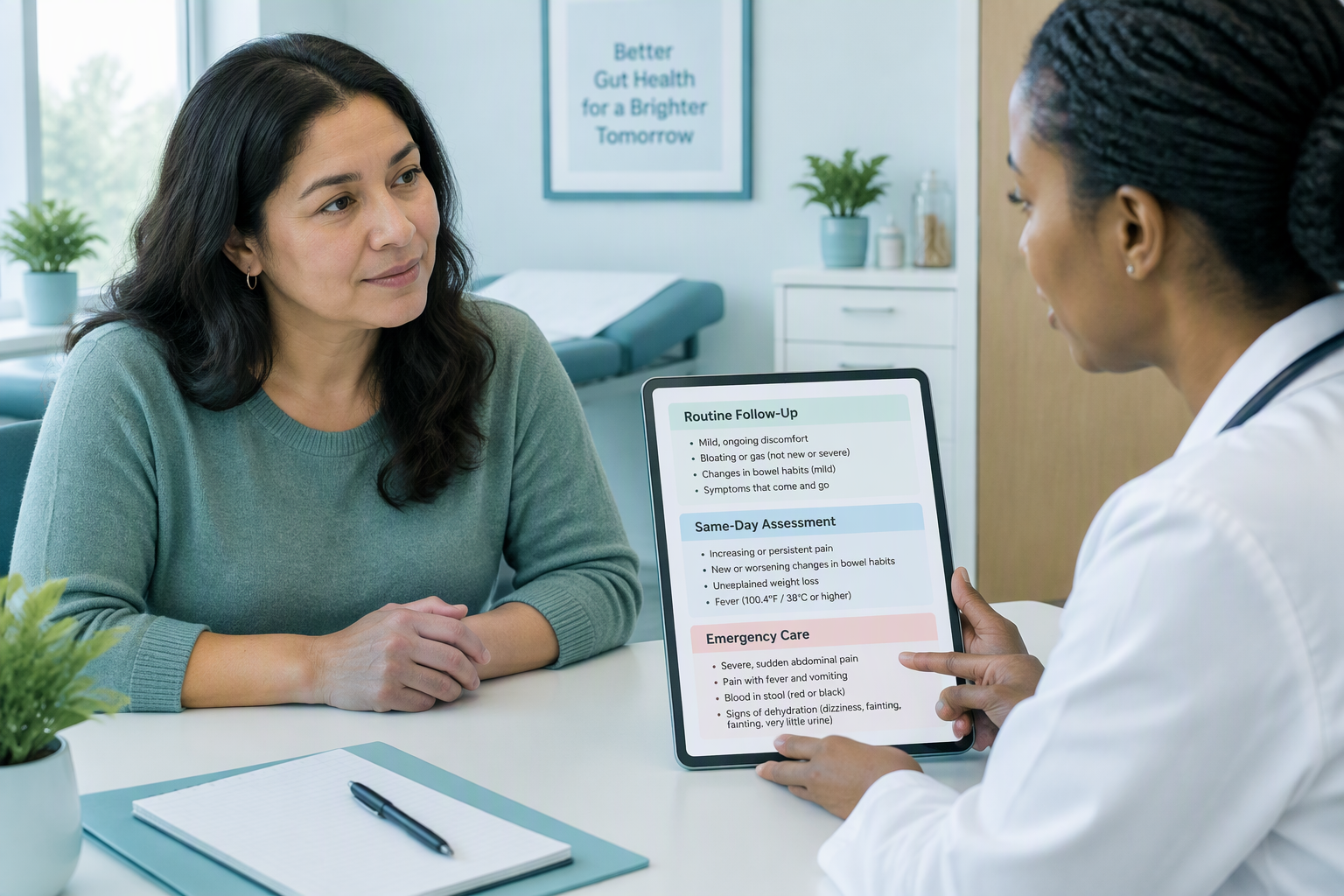 Patient discussing diverticulitis warning signs and emergency symptoms with a clinician