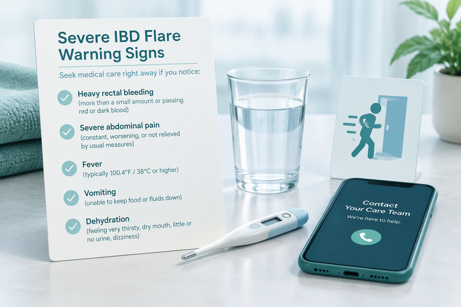 Severe IBD flare warning signs including bleeding, pain, fever, and dehydration