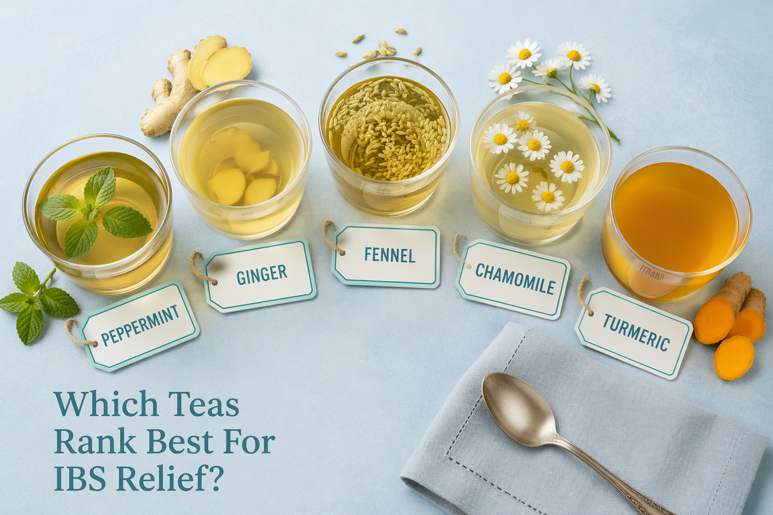 Overhead shot of labeled tea cups (peppermint, ginger, fennel, chamomile, turmeric) for IBS relief