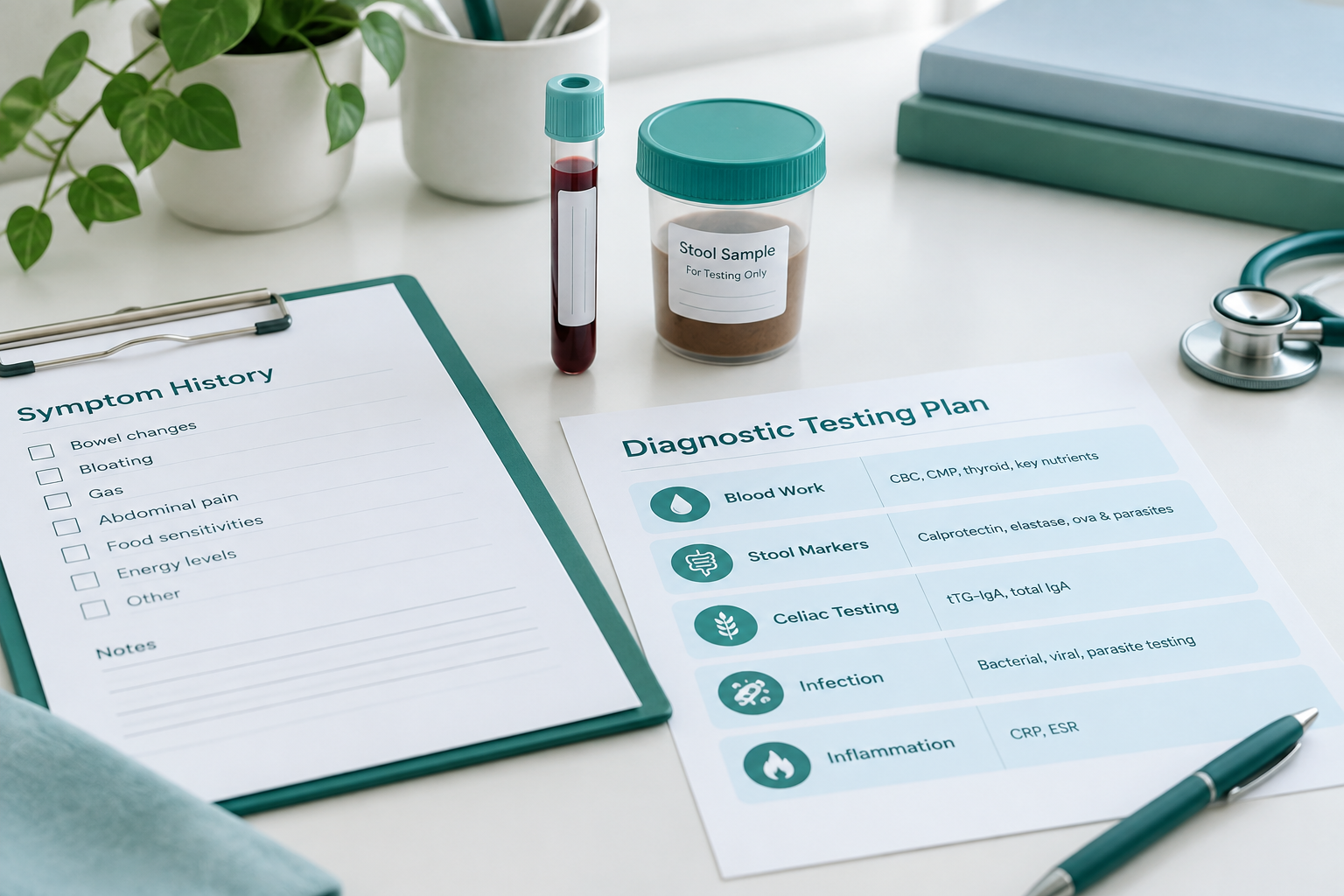 Clinician-planned blood and stool tests for symptom-based gut health evaluation