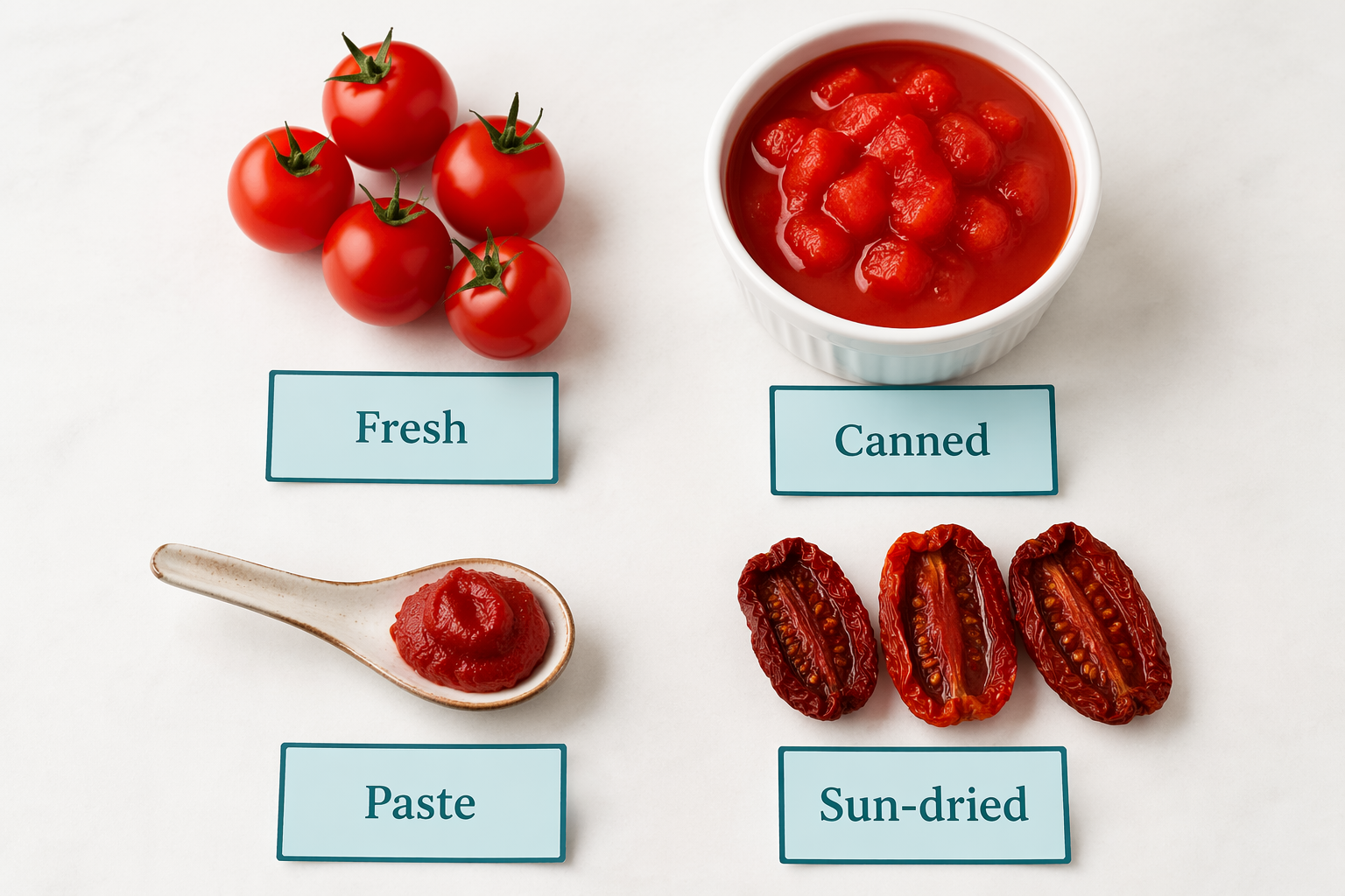 Flat-lay of fresh tomatoes, canned, paste and sun-dried samples for IBS and tomatoes
