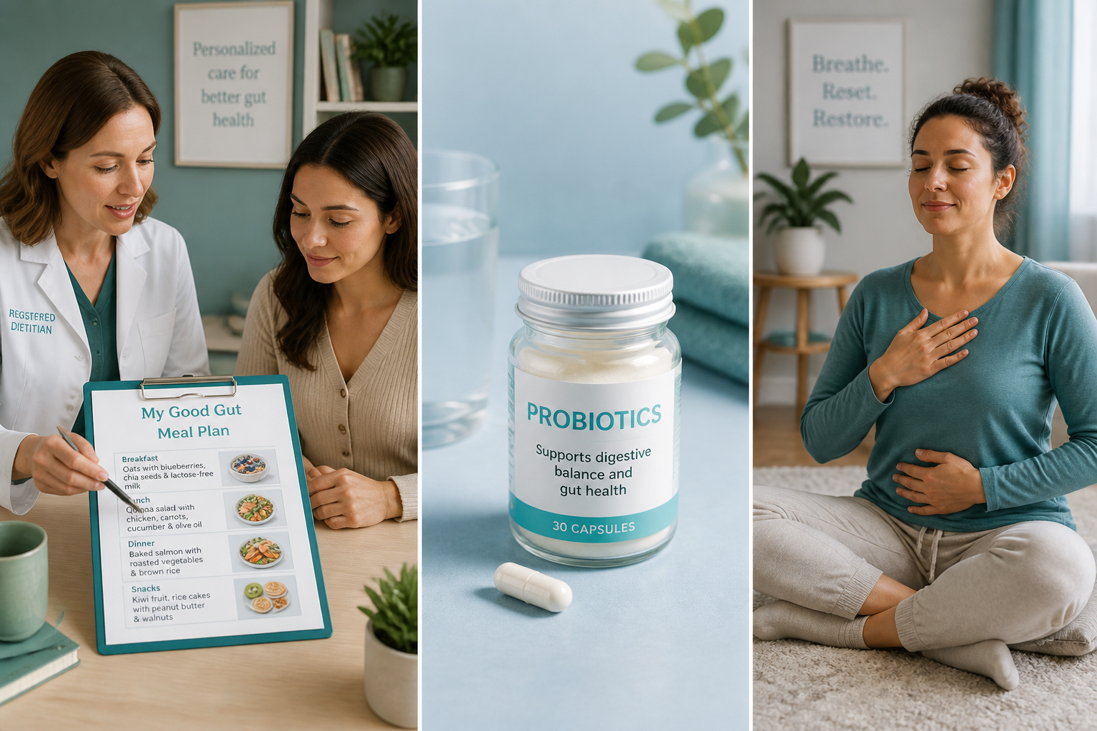 Triptych showing low FODMAP counseling, probiotics, and stress-management for IBS