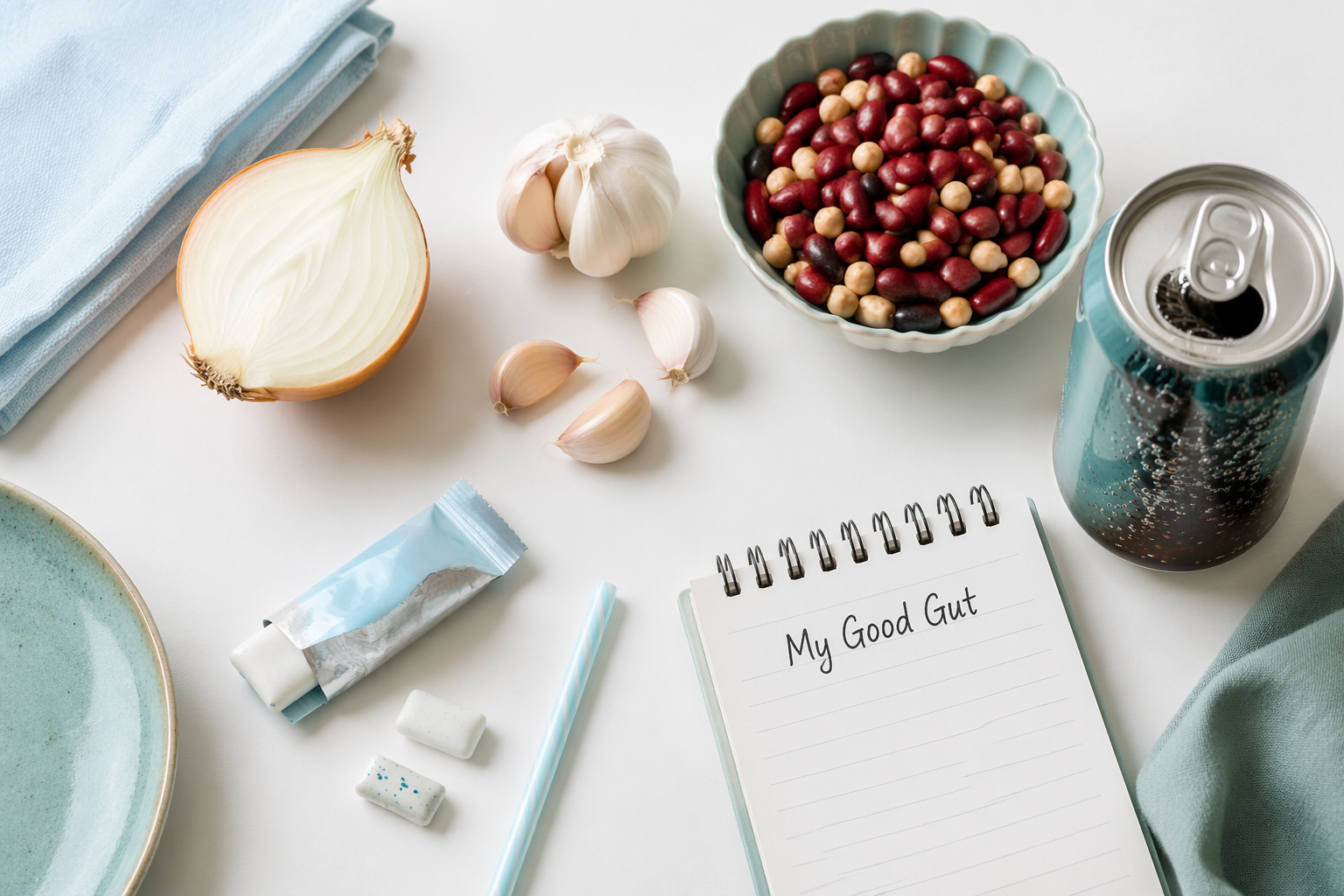 Food and drink triggers for IBS gas: onion, garlic, beans, fizzy drink, gum