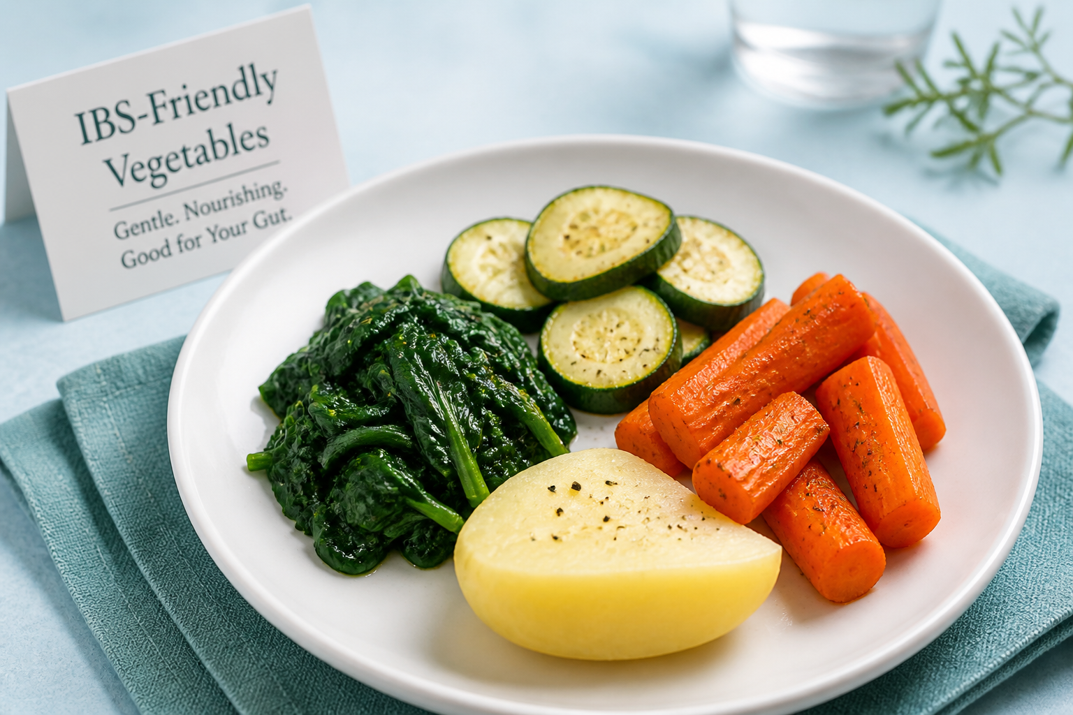 Plate of IBS-friendly vegetables: zucchini, carrots, spinach, and peeled potato