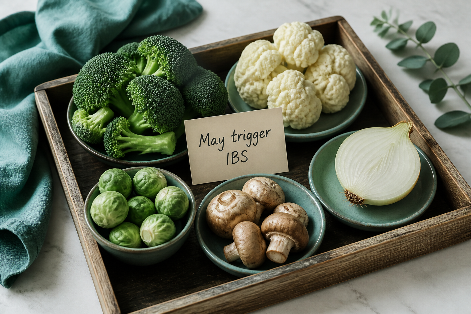 Tray of common IBS-trigger vegetables: broccoli, cauliflower, Brussels sprouts, mushrooms, onion