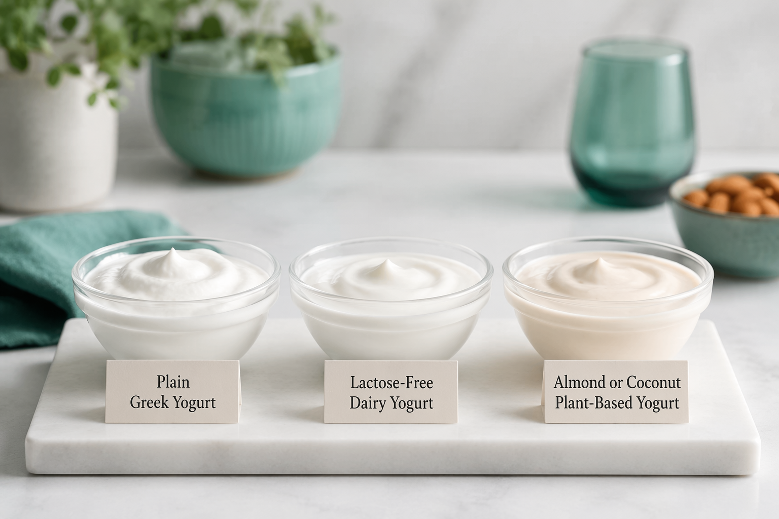 Three bowls: Greek, lactose-free, and plant-based yogurt for IBS-friendly options