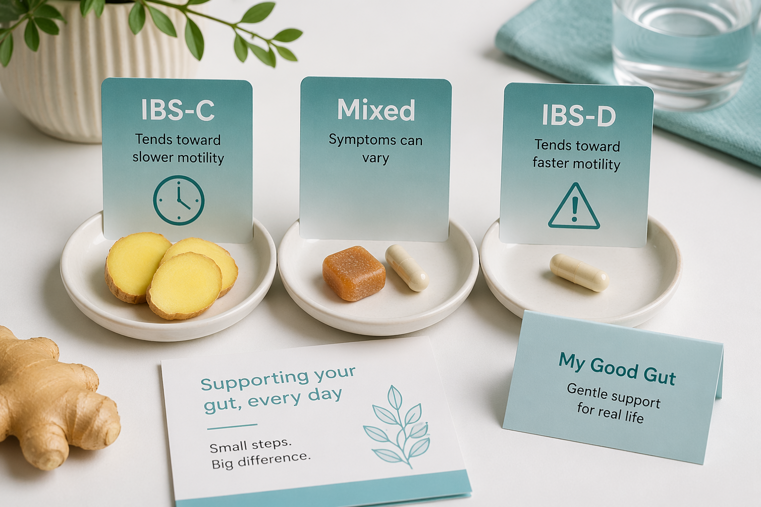 Three-form comparison showing which IBS patterns ginger may help or require caution